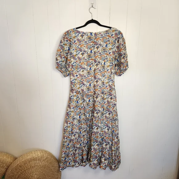 Boden Linen Blend Midi Dress Puff Sleeve A-Line Floral Boho Print V-Neck Size 14 - Picture 5 of 16